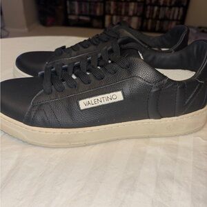 Mario Valentino Black Leather Low-Top Sneakers with Cream Sole